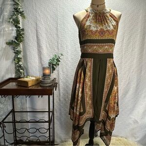 New York & Company Scarf Hem Halter Asymmetrical Dress - Olive and Multicolor